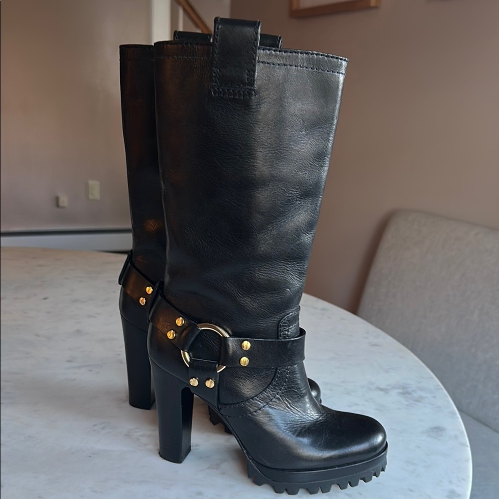 Black Leather High Heel Boots
